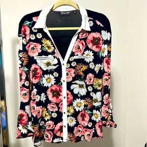 New York & Company XL V-Neck Button Up Multicolor Flower Top.